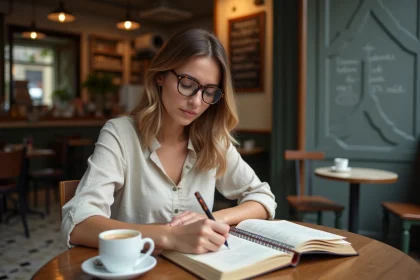 Femme écrivant dans un carnet en consultant un dictionnaire français dans un café parisien, illustrant la vérification orthographique