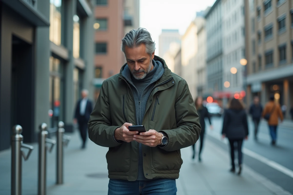 Homme vérifiant une transaction sécurisée sur Tovaraf depuis son smartphone en ville