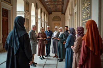 Groupe de visiteurs écoutant un guide dans la mosquee de Strasbourg