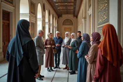 Groupe de visiteurs écoutant un guide dans la mosquee de Strasbourg