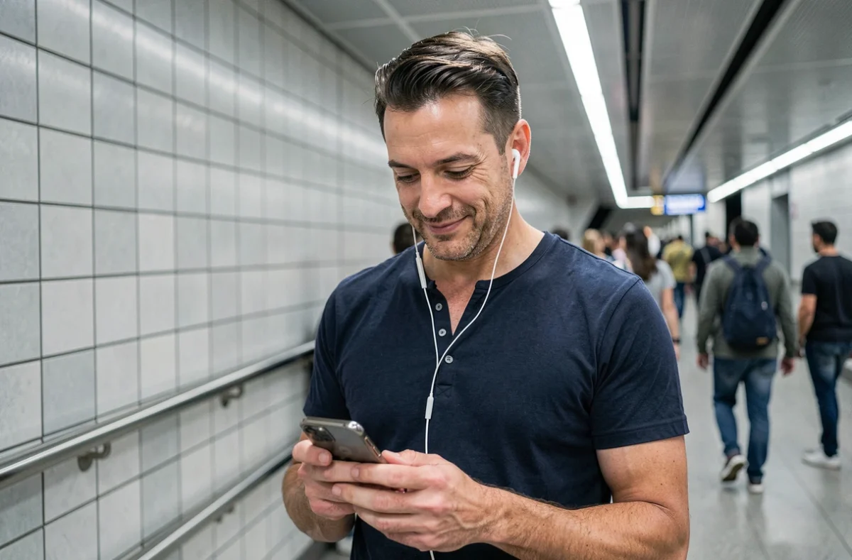Homme apprenant du vocabulaire sans effort via une application sur smartphone dans le métro