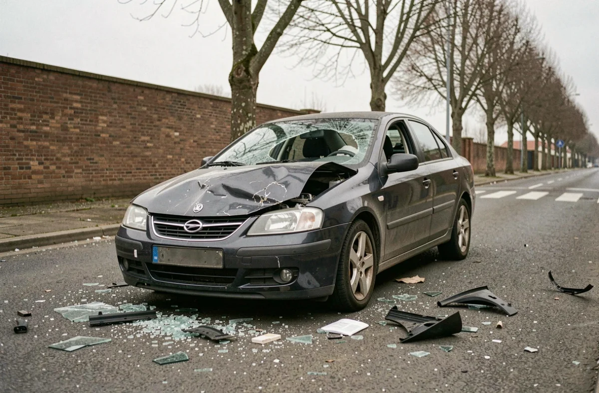 Véhicule accidenté avec capot enfoncé et pare-brise brisé immobilisé sur un boulevard de Toulouse, débris et bris de verre visibles sur la chaussée