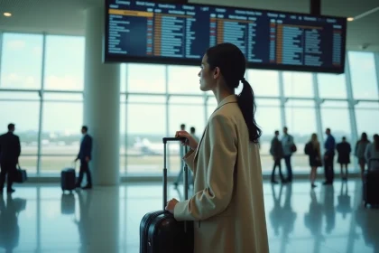 Voyageuse dans un terminal d'aéroport parisien consultant le tableau des départs pour un vol vers Sydney