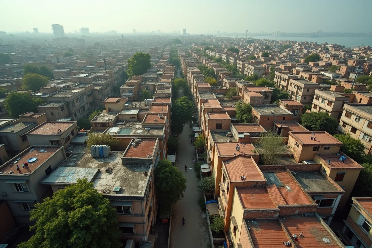 Vue aérienne d'un quartier résidentiel densément peuplé d'une grande ville d'Asie du Sud, illustrant la concentration urbaine des pays les plus peuplés du monde