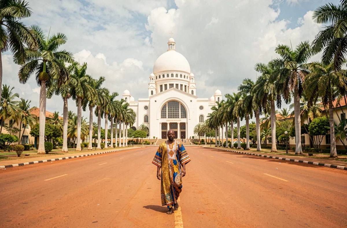 Yamoussoukro, capitale de la Côte d'Ivoire, avec la Basilique Notre-Dame-de-la-Paix dominant le boulevard principal